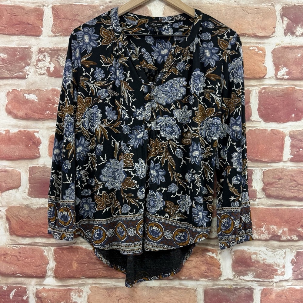 Lucky Brand Top Women's Small Black Multicolor Boho Floral Henley Casual Shirt